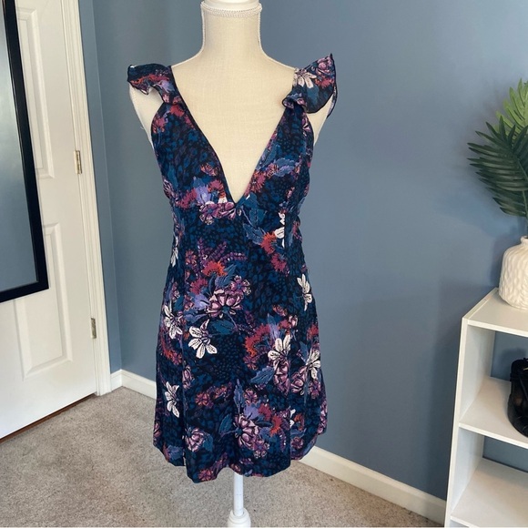 Free People Blue Floral Josie Deep V Neck Mini Dress - Picture 1 of 10
